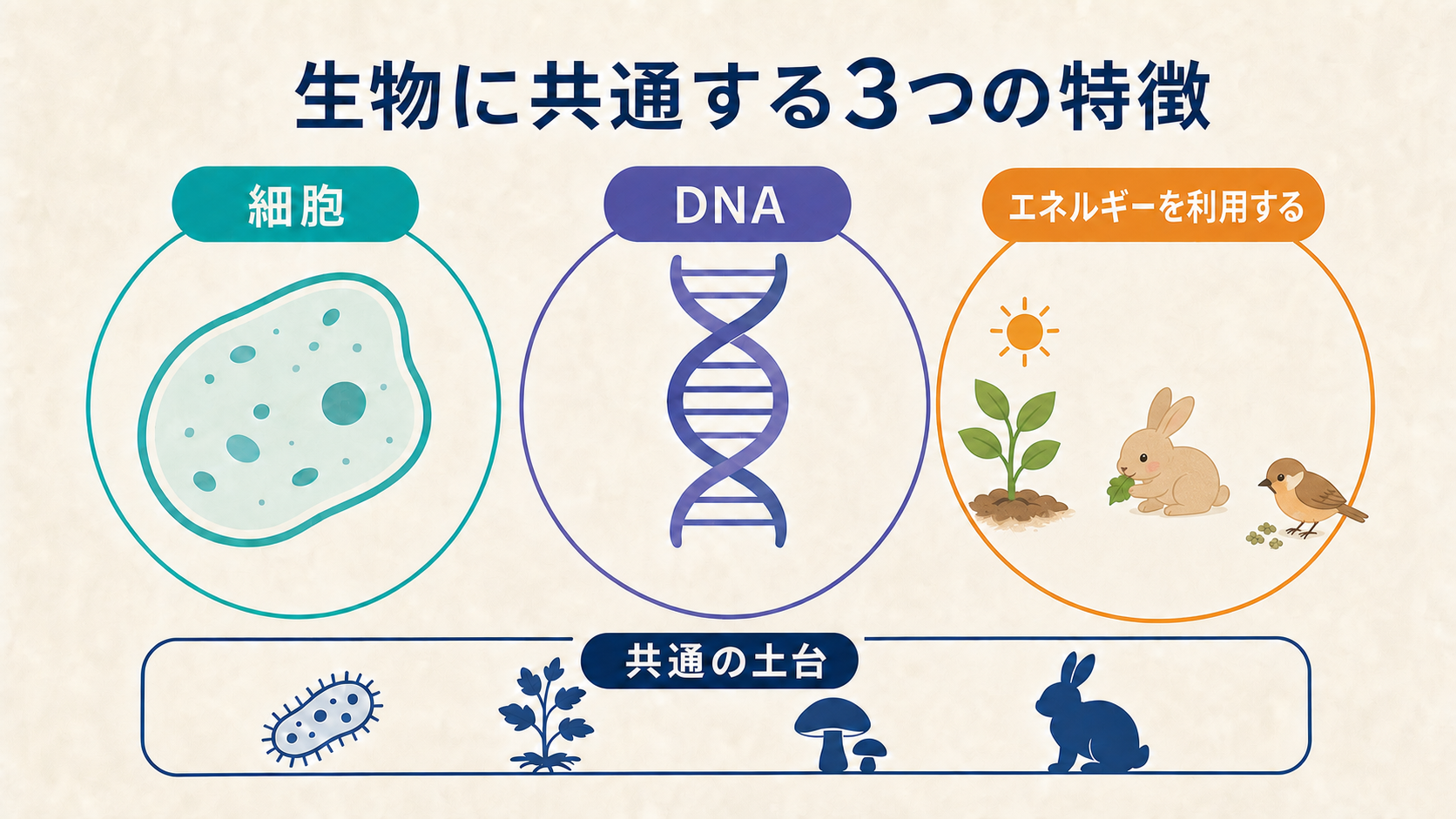 細胞、DNA、代謝とATPという生物の三つの共通性を示す図