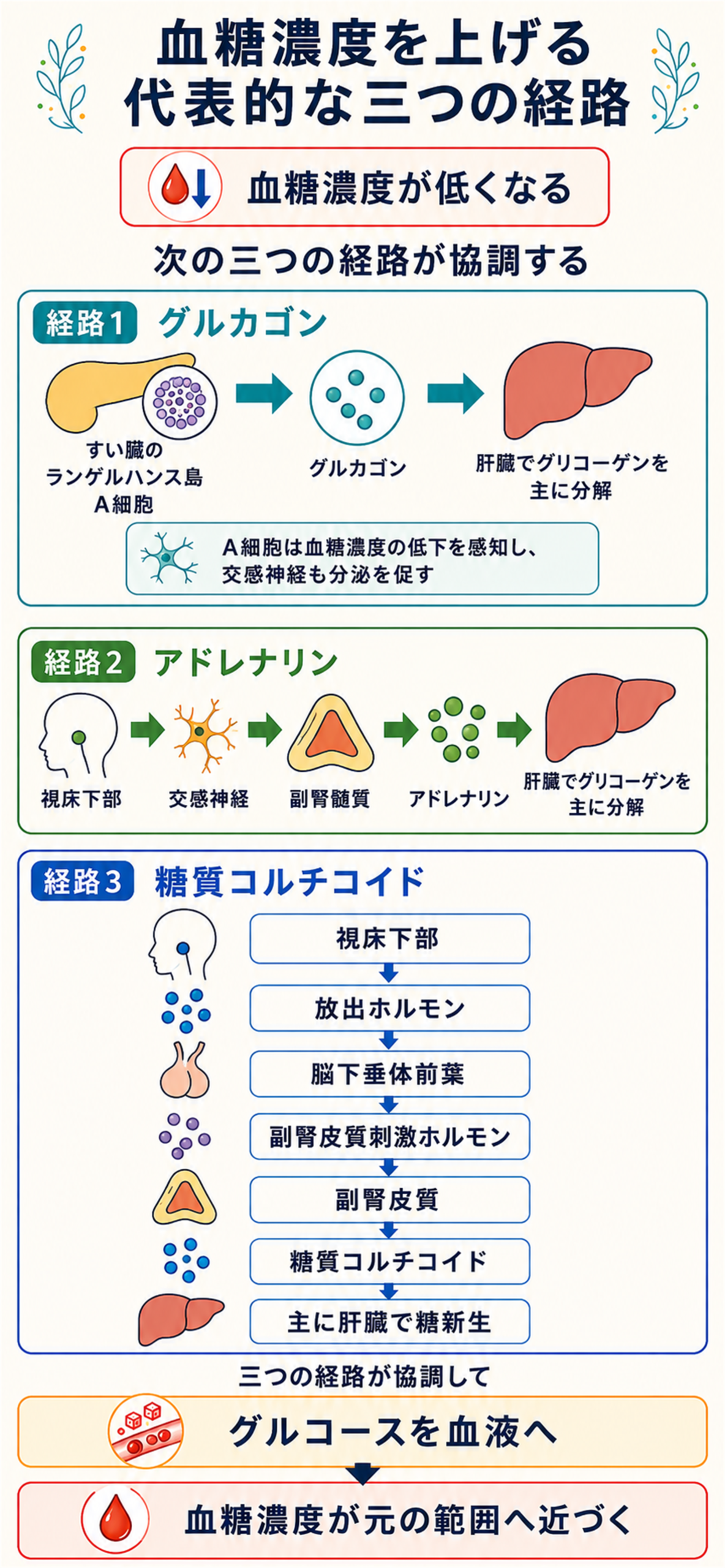 血糖濃度が低くなったとき、すい臓A細胞からのグルカゴン、視床下部・交感神経・副腎髄質を介するアドレナリン、視床下部・放出ホルモン・脳下垂体前葉・副腎皮質刺激ホルモン・副腎皮質を介する糖質コルチコイドが、肝臓のグリコーゲン分解または主に肝臓での糖新生を促して血糖濃度を上げる図