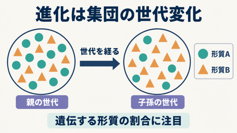 集団の遺伝的な構成が、世代を重ねて変化する進化の模式図。記号は遺伝する特徴の違いを表す。