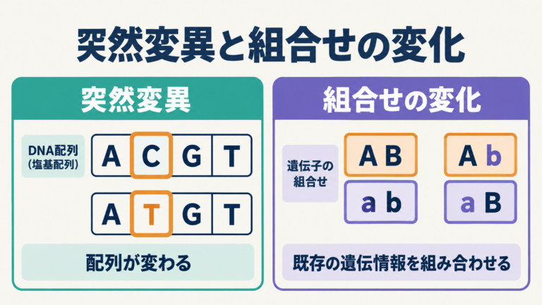 DNAの塩基配列が変わる突然変異と、既存の遺伝情報の組合せが変わる場合の比較。右のA・a・B・bは対立遺伝子の記号。