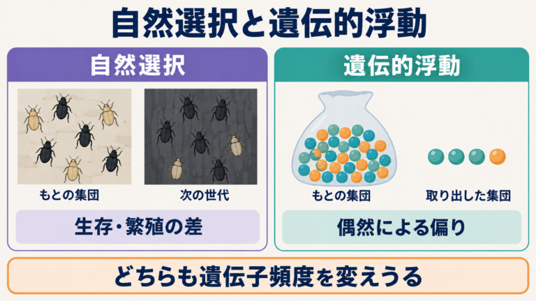 自然選択は生存・繁殖の差、遺伝的浮動は偶然の偏りによって遺伝子頻度を変えうる。昆虫の体色と玉は、それぞれの仕組みを表す模式例。