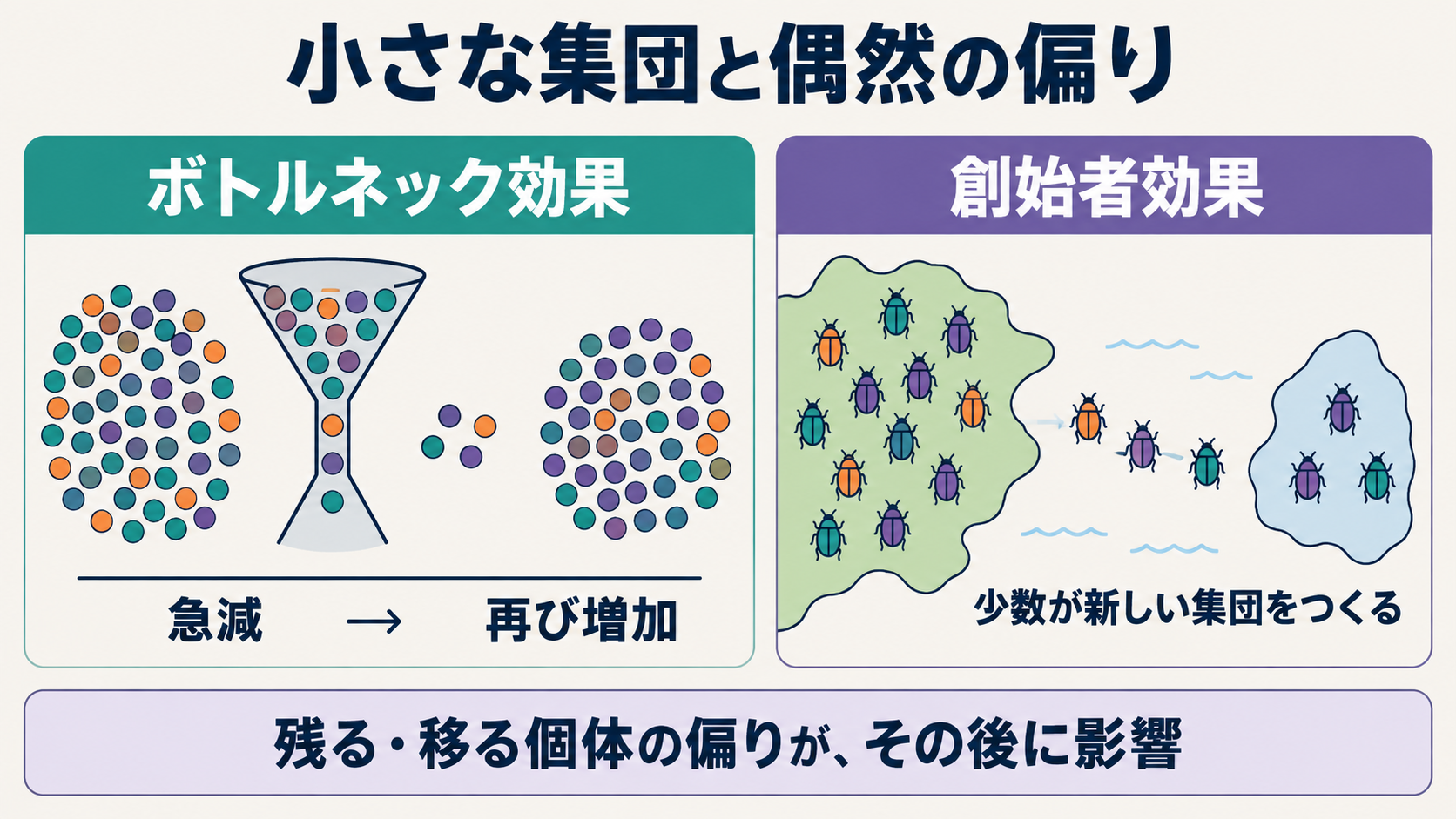 個体数の急減に伴うボトルネック効果と、少数個体が新しい集団をつくる創始者効果。図は割合の偏りを示す模式例で、実測値ではない。