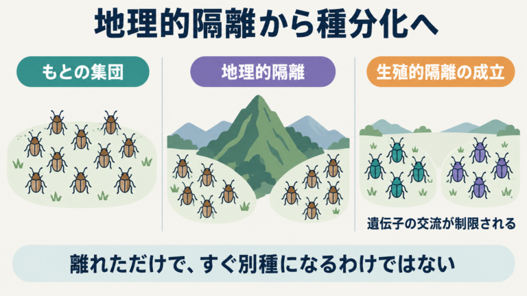 地理的に分かれた集団が別々に変化し、生殖的隔離が成立する異所的種分化の模式図。体色は集団の違いの記号であり、色が違うだけで別種とは判断しない。