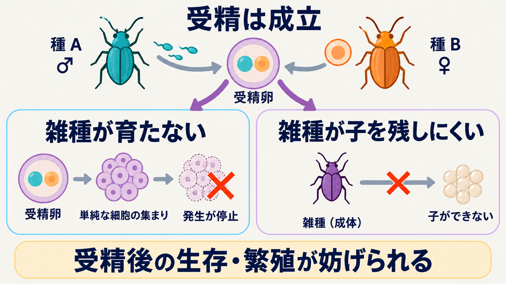 受精後に働く隔離の例。雑種が成長できない場合と、成長しても繁殖できない場合がある。