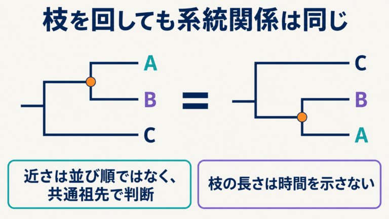 AとBがより新しい共通祖先を共有する、同じ系統関係を表した2つの樹形。橙色の点はAとBの共通祖先。この図では枝の長さに時間の意味をもたせていない。