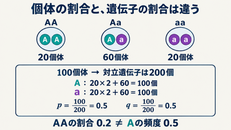 架空の100個体でAとaを数える例。丸は各遺伝子型を1個体ずつ代表させた模式図で、集団の全個体を描いてはいない。AAの個体の割合とAの頻度を区別する。